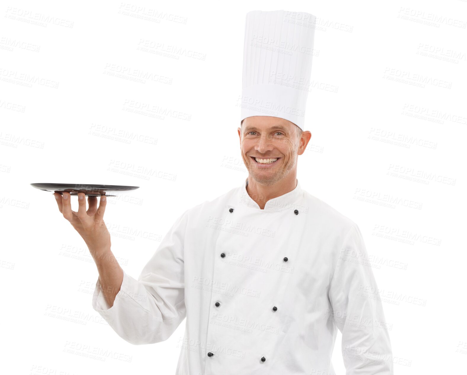 Buy stock photo Happy chef, portrait or serving man advertising space for food promotion or cooking skills. Professional male culinary artist with hand for tray, plate or menu isolated on transparent png background