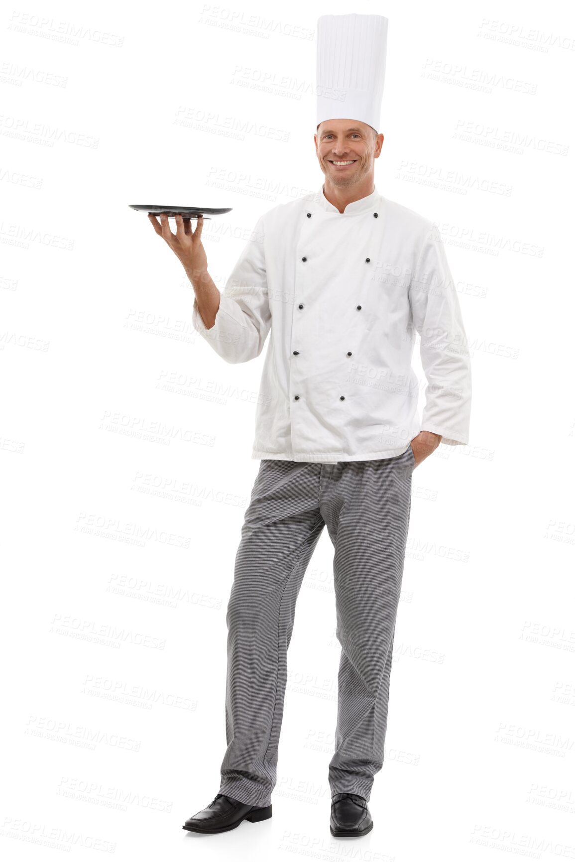 Buy stock photo Man, professional chef with plate in portrait and cooking skill isolated on transparent, png background. Culinary industry, career with happy male cook and expert on cuisine and fine dining service