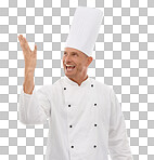 Man, chef and celebrating skill for taste, cooking or creation standing. Happy male culinary artist or cuisinier in uniform with proud smile for food expertise isolated on a png background