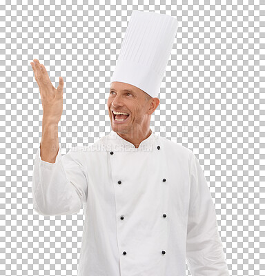 Buy stock photo Man, excited chef and hand advertising food, menu and cooking skills. Happy and professional male culinary person showing restaurant promotion or recipe isolated on a transparent, png background