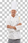 Portrait of chef, wooden spoon and confident smile, cafe owner. Happy executive cook, uniform, cooking for restaurant discount deal, menu special or promotion in isolated on a png background