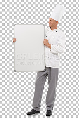 Buy stock photo Chef, smile and man with board for mockup standing isolated on a transparent png background. Happiness, whiteboard or mature male cook with advertising, marketing or commercial promotion for branding