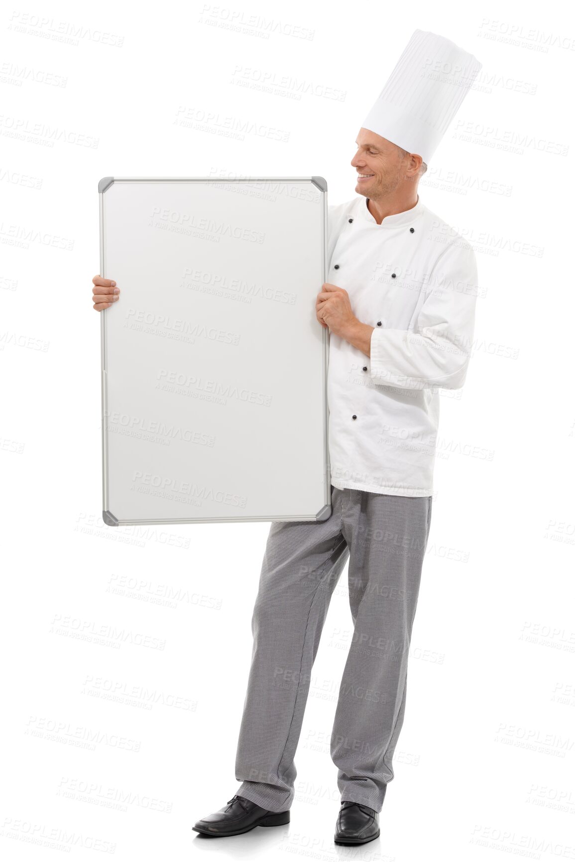 Buy stock photo Chef, smile and man with board for mockup standing isolated on a transparent png background. Happiness, whiteboard or mature male cook with advertising, marketing or commercial promotion for branding