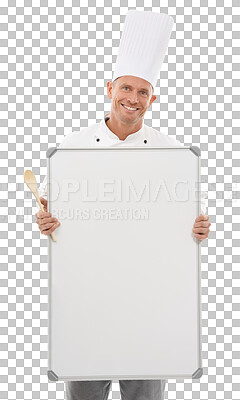 Buy stock photo Menu, chef and portrait of man with whiteboard for mockup standing isolated on a transparent png background. Smile, board and mature male cook with advertising, marketing or commercial promotion.