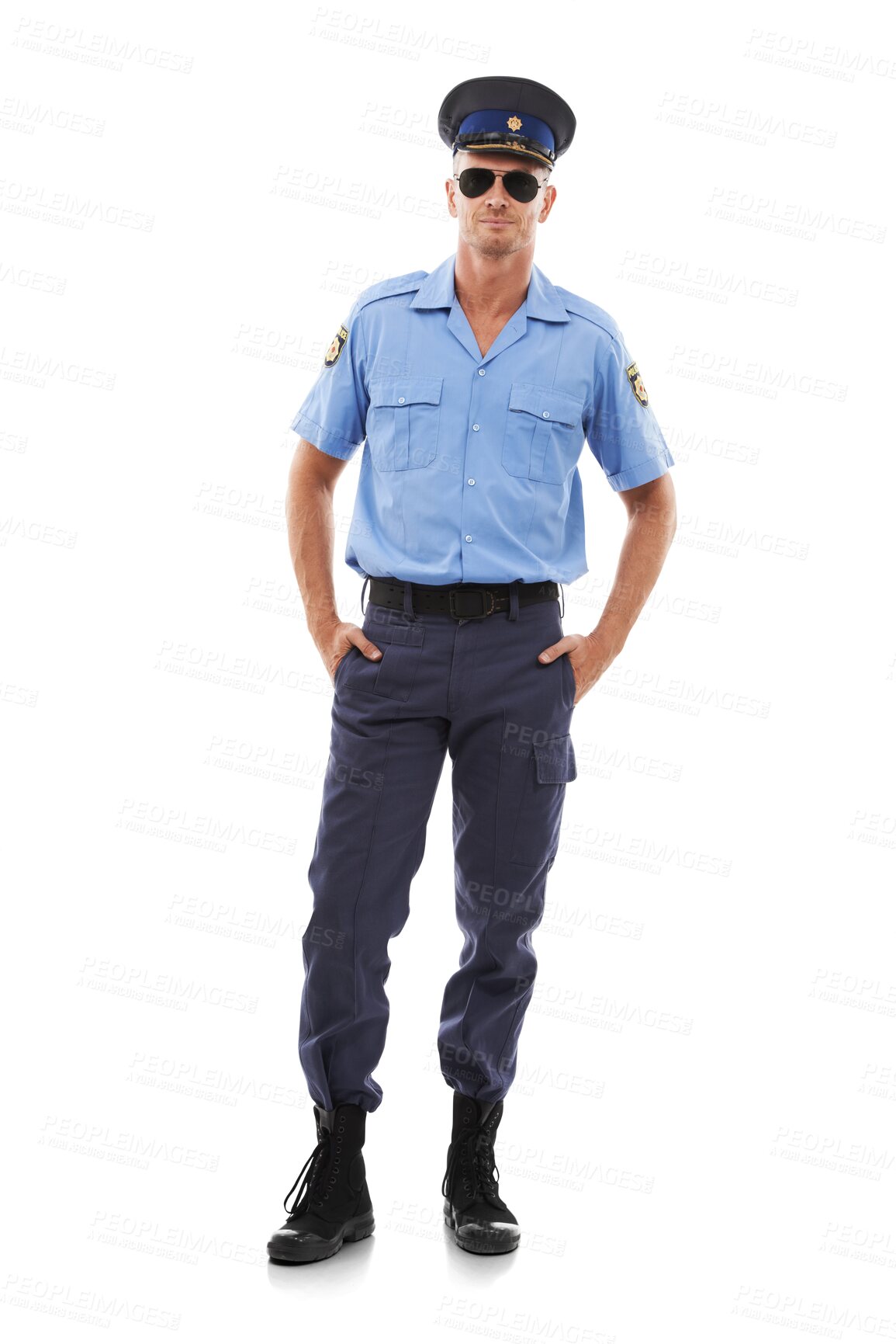 Buy stock photo Portrait, police and law enforcement with a man isolated on a transparent background for safety. Security, justice and security with a handsome male officer in uniform on PNG for public protection