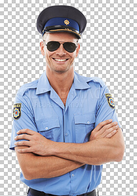 Proud, police officer man isolated on a png background in sunglasses for career vision, leadership and portrait. Security, law and professional person or attractive model in cool uniform and studio
