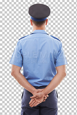 Buy stock photo Back, police and law enforcement with a man isolated on a transparent background for safety or security. Justice, service and protection with a policeman or officer on PNG from behind for control