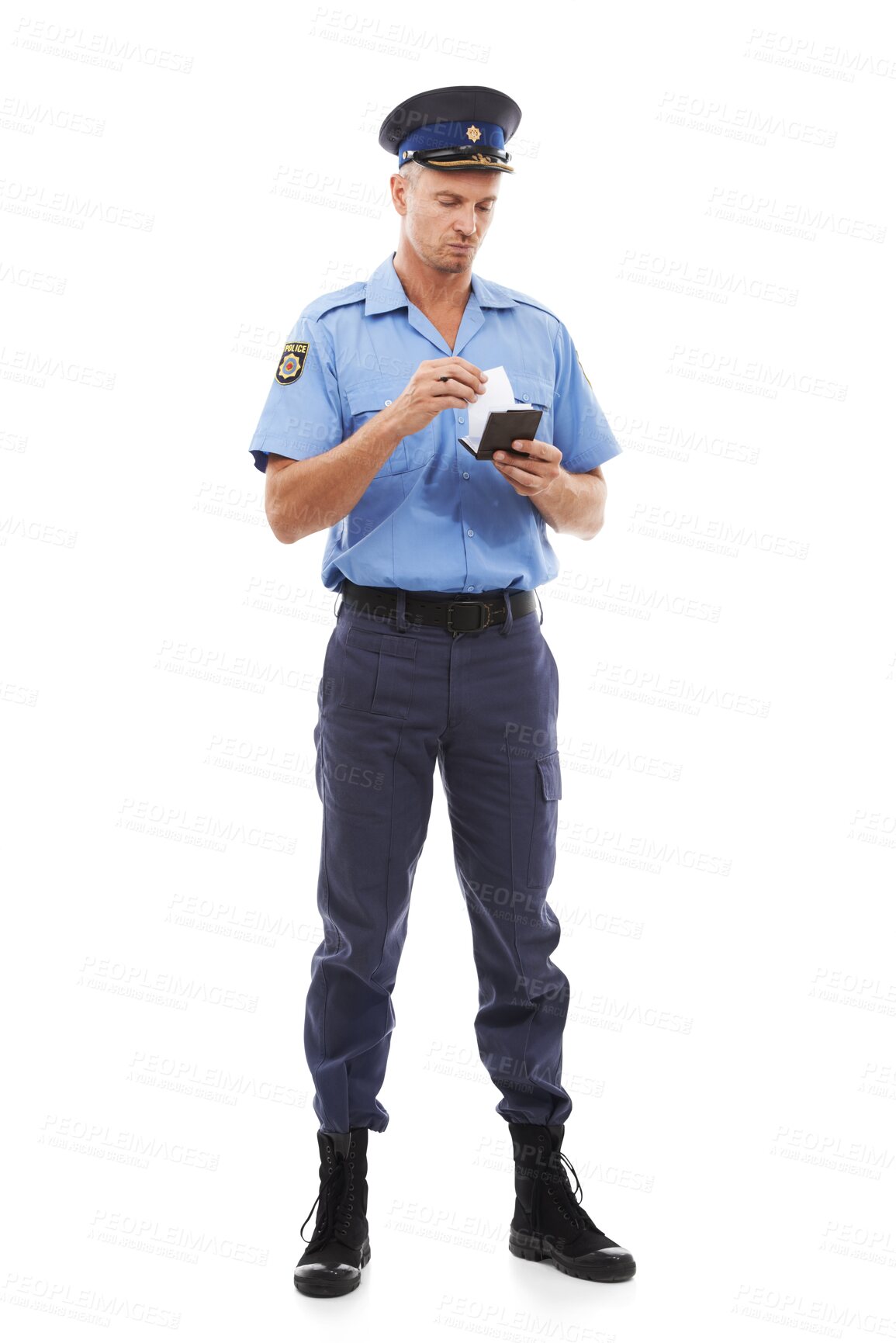 Buy stock photo Ticket, fine and man police officer writing on notepad for traffic laws, public service and crime. Justice, enforcement and full length of a male security guard isolated by transparent png background