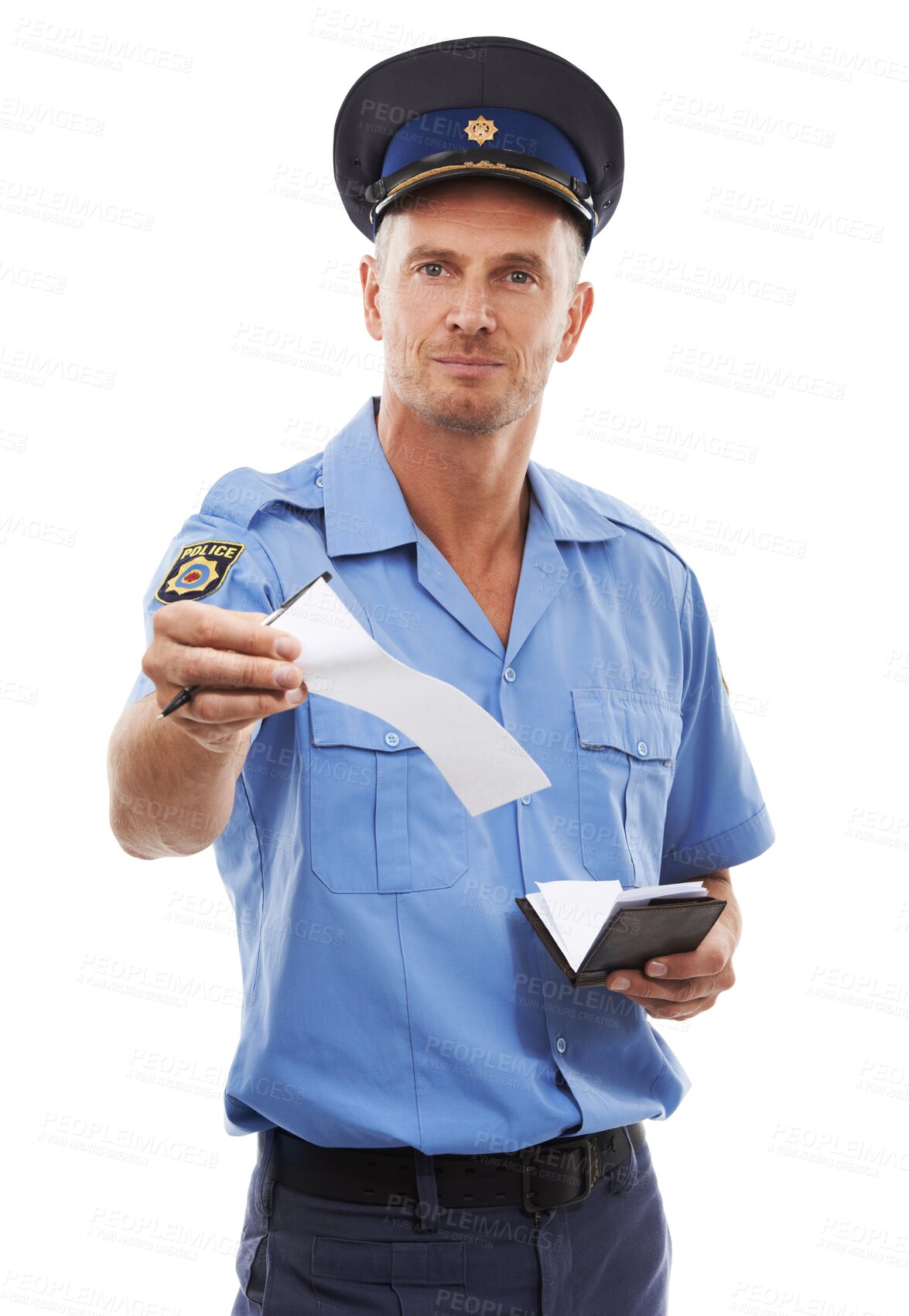 Buy stock photo Police man, portrait and officer with ticket isolated on transparent png background with notepad for traffic laws. Serious, law enforcement and policeman or mature person giving paper fine for crime