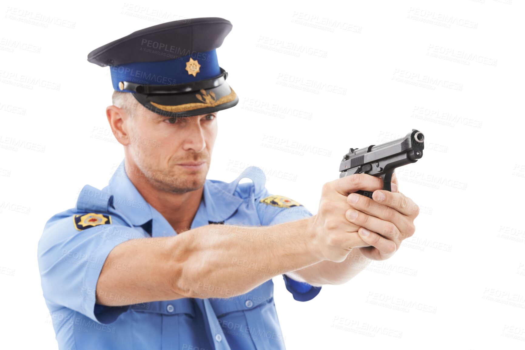 Buy stock photo Police officer, man and aim gun for shooting, law or security to stop crime by transparent png background. Isolated policeman, security or pistol to shoot for justice, safety or protection in society