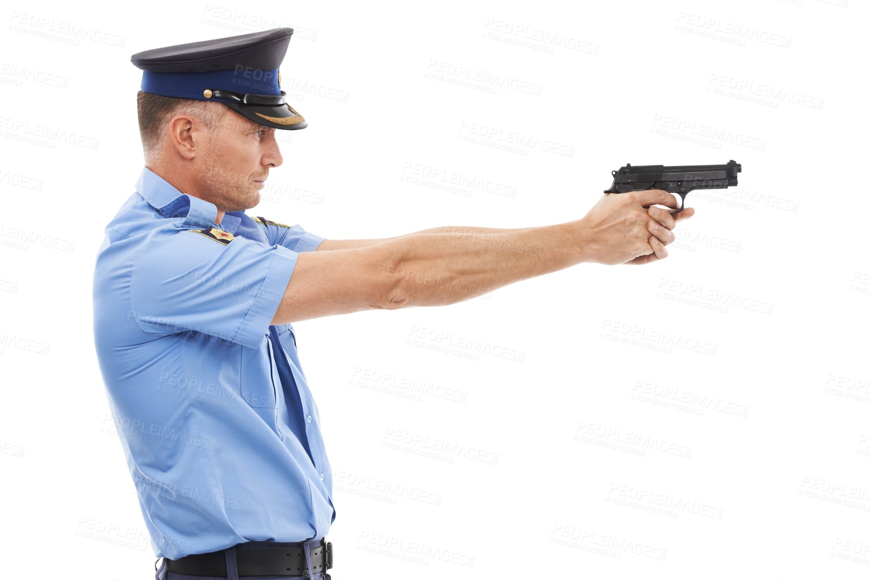 Buy stock photo Police officer, man and aim gun to shoot for law, security or stop crime by transparent png background. Isolated policeman, profile and pistol with shooting for justice, safety or public protection