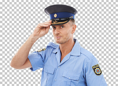 Security, cop and portrait of police on a isolated on a png background for authority, leadership and justice. Law enforcement, public safety and isolated face of guard, policeman and officer in legal uniform