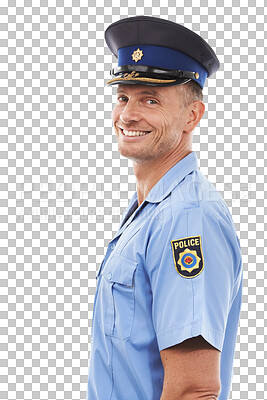 Security, officer and portrait of police with smile on isolated on a png background for authority, leadership and pride. Law enforcement, justice and isolated guard, policeman and cop happy in legal uniform