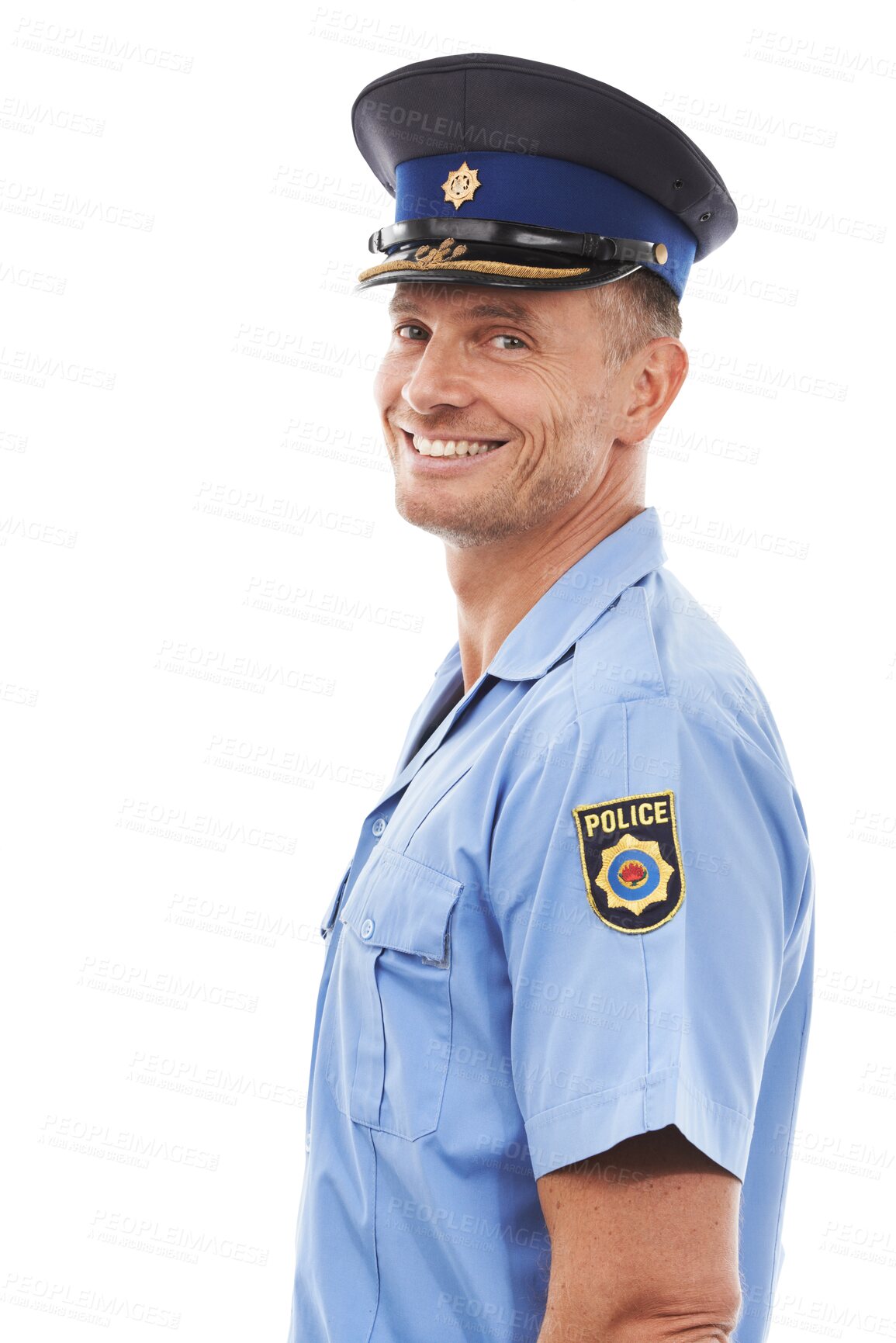 Buy stock photo Police officer, portrait and man isolated on a transparent, png background for law, security and leadership. Happy face of a compliance worker, professional person or model in legal, blue uniform