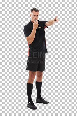 Buy stock photo Referee, whistle and pointing for a foul with a man isolated on a transparent background for sports control. Rules, warning and authority with a male official blowing for a game infringement on PNG