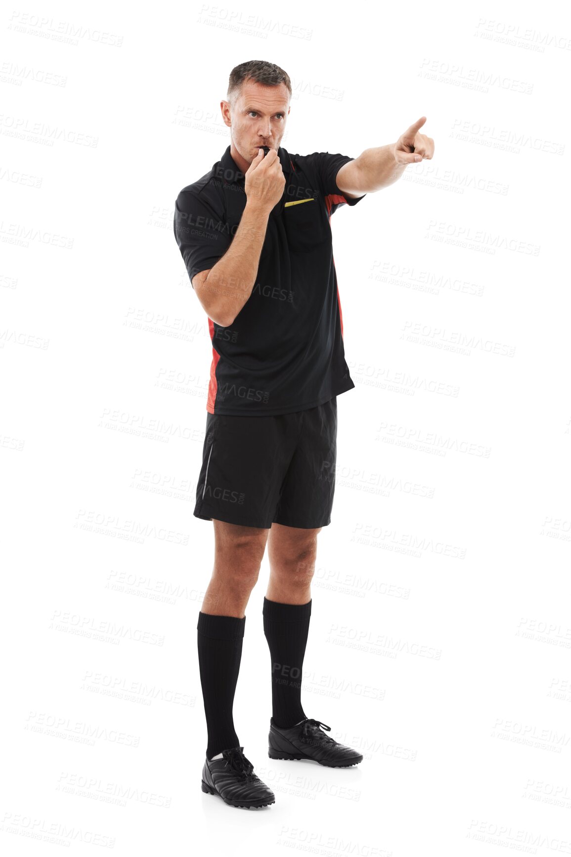 Buy stock photo Referee, whistle and pointing for a foul with a man isolated on a transparent background for sports control. Rules, warning and authority with a male official blowing for a game infringement on PNG