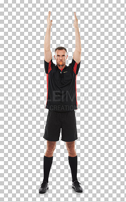 Buy stock photo Referee, whistle and goal with a man isolated on a transparent background for sports control. Rules, scoring and whistleblower gesture with an official blowing to signal a point during a game on PNG