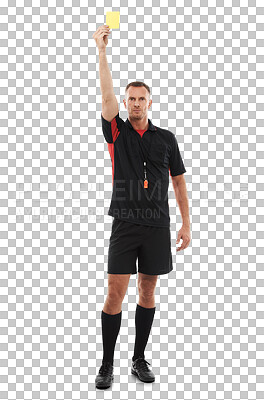 Buy stock photo Referee, yellow card and caution with a man isolated on a transparent background for sports control. Rules, warning and authority with a male official giving punishment for a game foul on PNG
