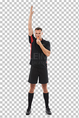 Buy stock photo Referee, whistle and offside with a man isolated on a transparent background for sports control. Rules, warning and authority with a male official blowing for a foul during a competition game on PNG