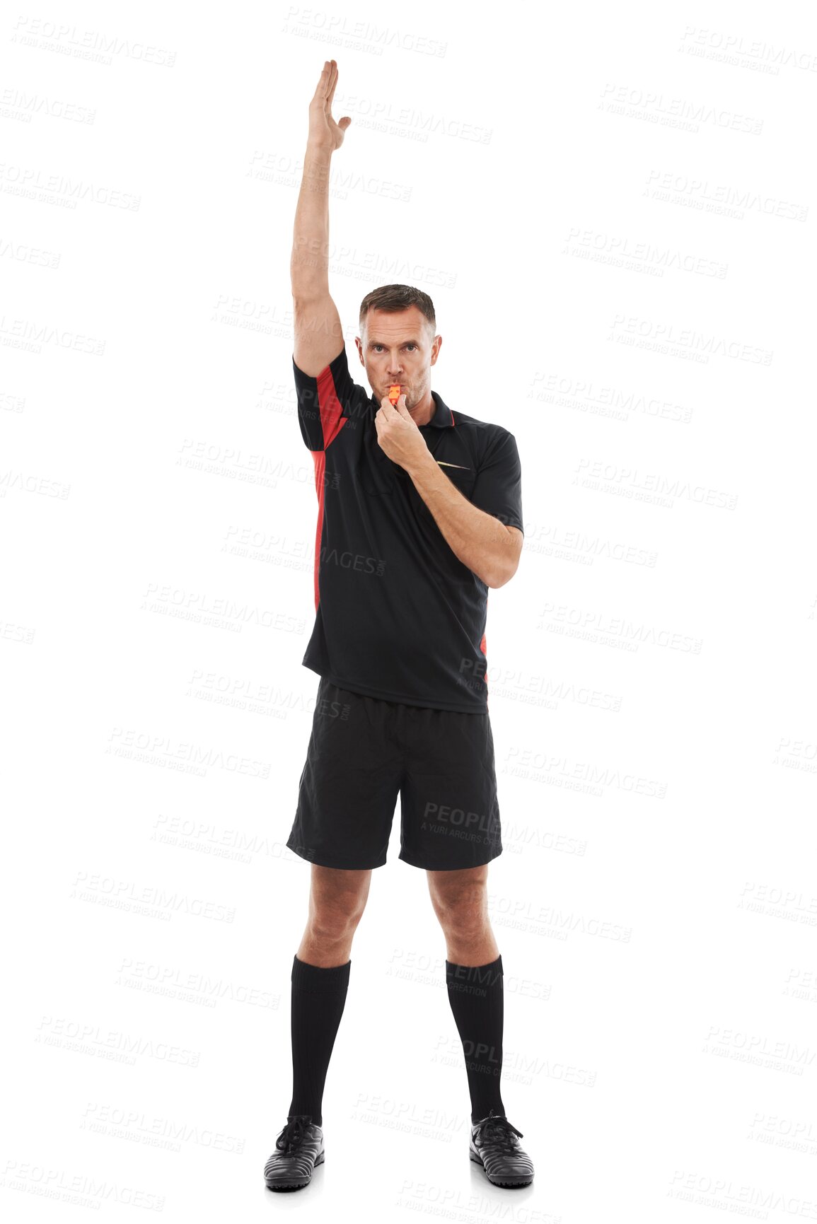 Buy stock photo Referee, whistle and offside with a man isolated on a transparent background for sports control. Rules, warning and authority with a male official blowing for a foul during a competition game on PNG