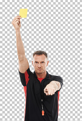 Buy stock photo Portrait, yellow card and a man referee pointing isolated on a transparent background for sports control. Rules, warning or authority with an official signalling for a foul during a game on PNG