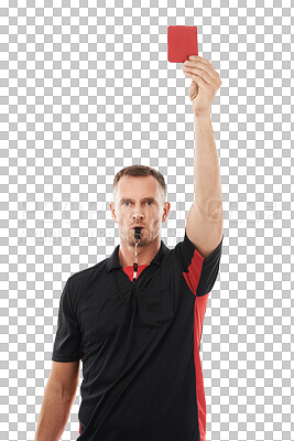 Buy stock photo Portrait, whistle and red card with a man ref isolated on a transparent background for sports control. Rules, sending off or whistleblower with a male official blowing for a foul during a game on PNG