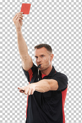 Buy stock photo Red card, whistle and pointing with a man referee isolated on a transparent background for sports control. Rules, set off and authority with a male official blowing for a foul during a game on PNG