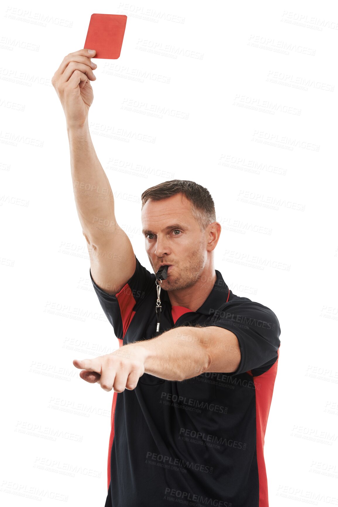 Buy stock photo Red card, whistle and pointing with a man referee isolated on a transparent background for sports control. Rules, set off and authority with a male official blowing for a foul during a game on PNG