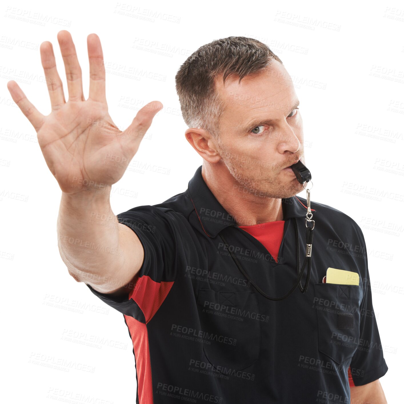 Buy stock photo Referee, whistle and portrait with a man palm isolated on a transparent background for the sports control. Rules, warning and authority with a male official blowing for a foul to stop a game on PNG