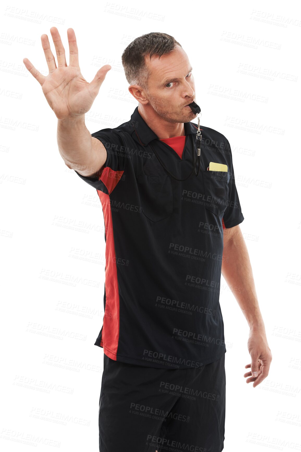 Buy stock photo Referee, whistle and stop with a man portrait isolated on a transparent background for sports control. Rules, warning palm and authority with a male official blowing for a foul to stop a game on PNG