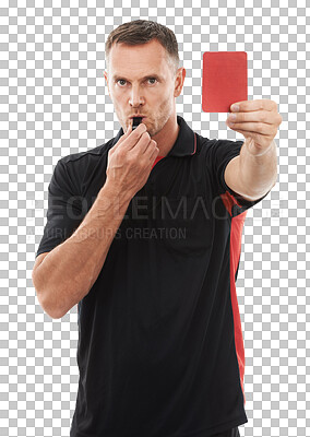 Buy stock photo Referee, portrait and red card with a man isolated on a transparent background for sports control. Rules, sending off and whistleblower with a male official blowing for a foul during a game on PNG