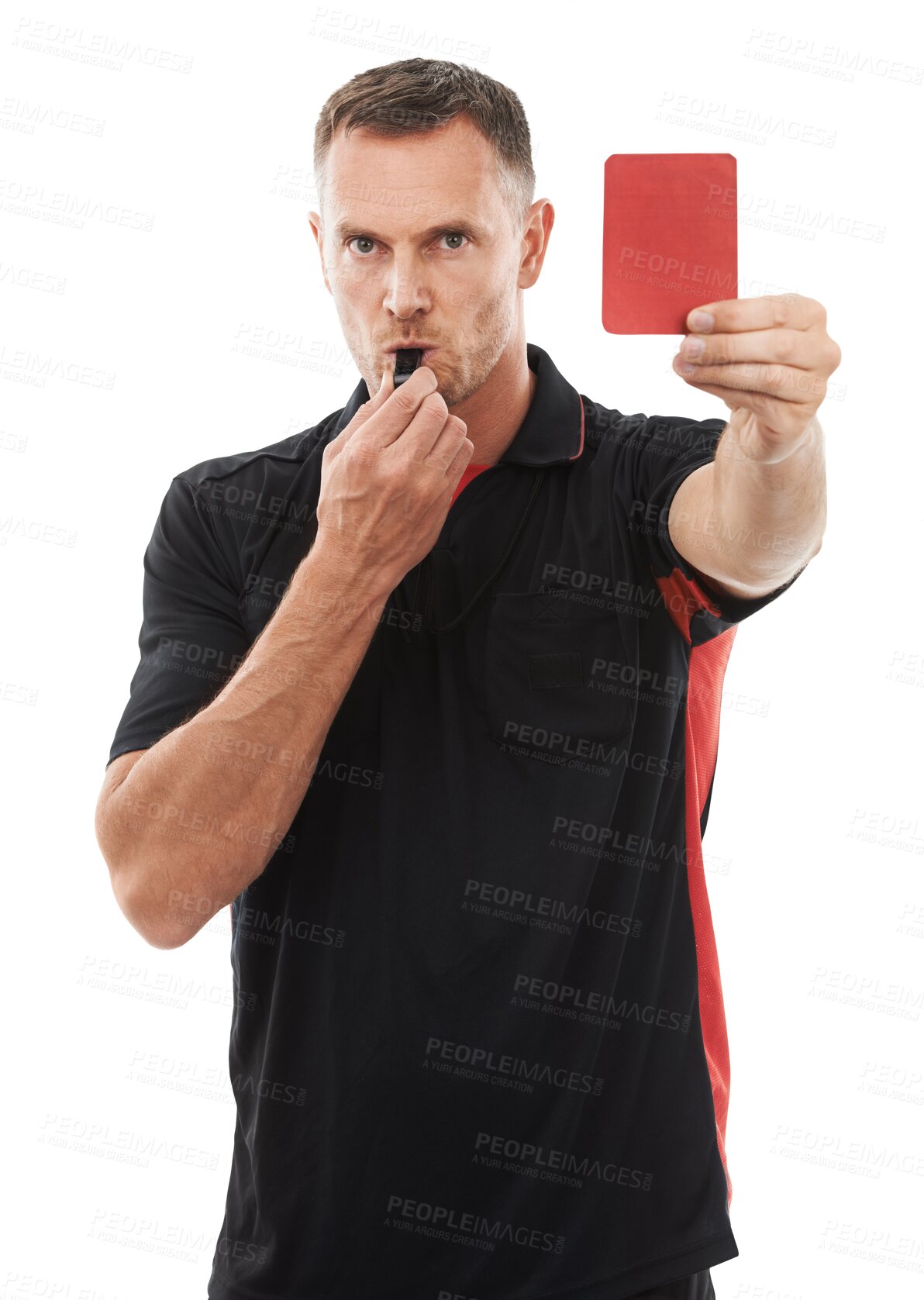 Buy stock photo Referee, portrait and red card with a man isolated on a transparent background for sports control. Rules, sending off and whistleblower with a male official blowing for a foul during a game on PNG