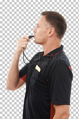 Buy stock photo Referee, whistle and foul with a man isolated on a transparent background for sports control. Rules, warning and authority with a male official blowing to stop a game during competition on PNG