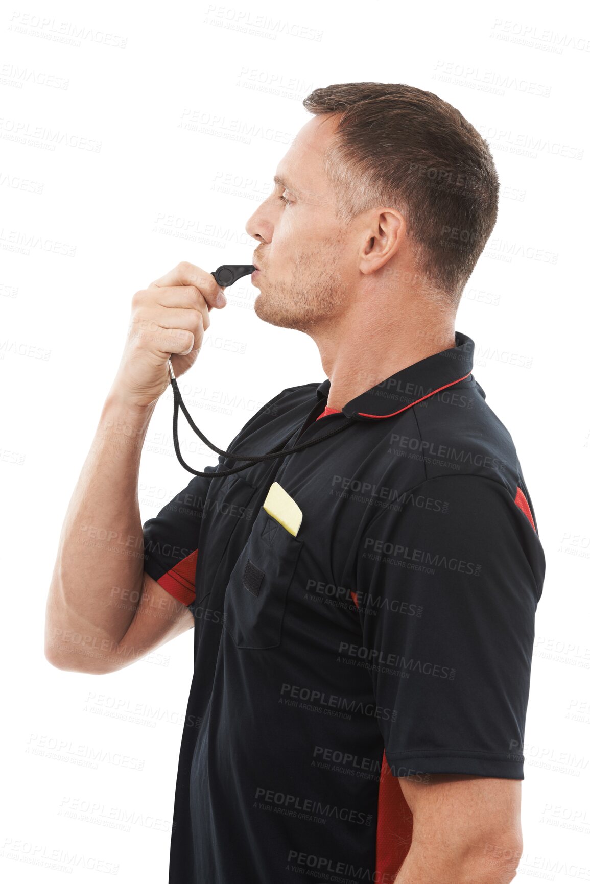 Buy stock photo Referee, whistle and foul with a man isolated on a transparent background for sports control. Rules, warning and authority with a male official blowing to stop a game during competition on PNG