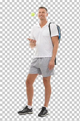 Buy stock photo Portrait, tennis sports and man with a ball isolated on a transparent png background for exercise. Training, athlete and mature male player ready to start a sport workout for health and fitness