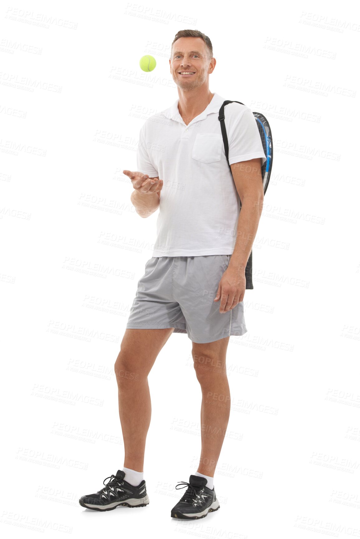 Buy stock photo Portrait, tennis sports and man with a ball isolated on a transparent png background for exercise. Training, athlete and mature male player ready to start a sport workout for health and fitness