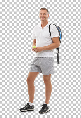 Buy stock photo Tennis portrait, sports and man ready for exercise, training and professional game. Athlete, mature male player and ball and racket to start workout for fitness isolated on transparent png background