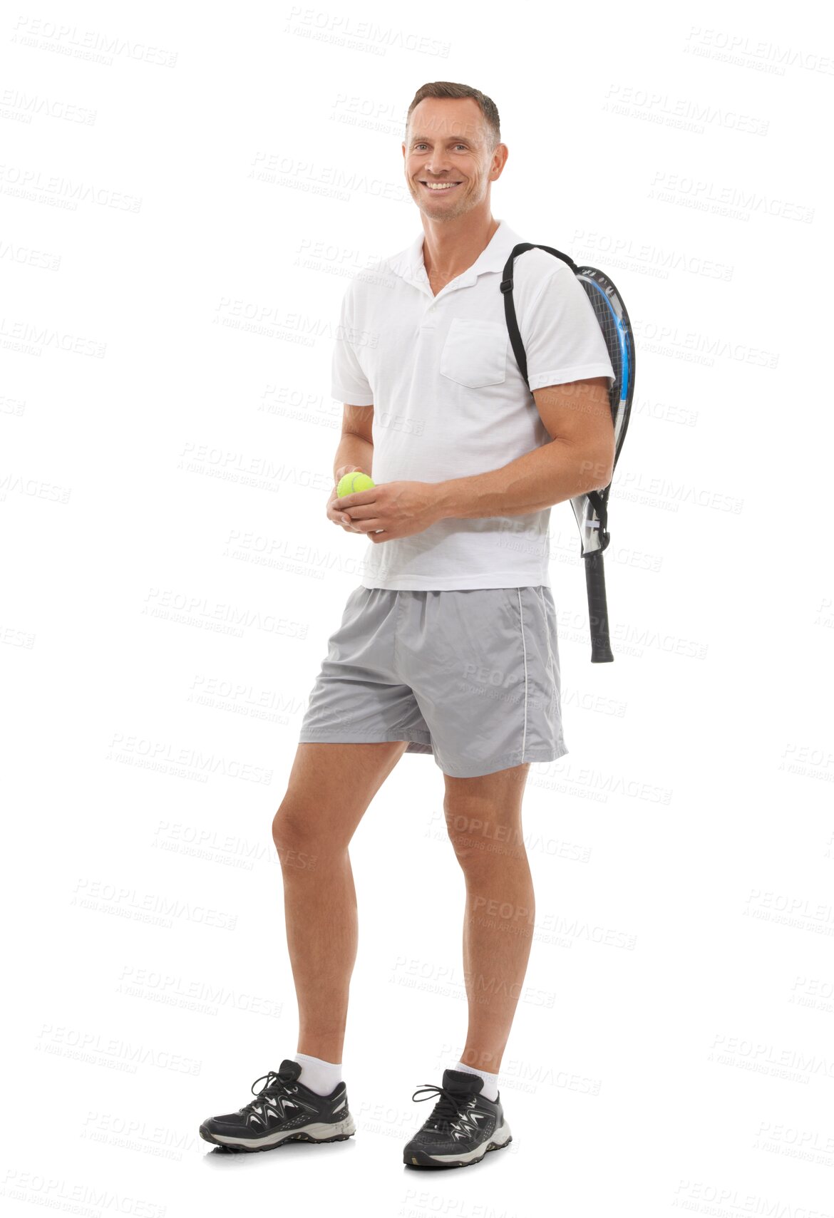 Buy stock photo Tennis portrait, sports and man ready for exercise, training and professional game. Athlete, mature male player and ball and racket to start workout for fitness isolated on transparent png background