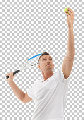 Sports fitness, tennis and man for exercise. Training, athlete or mature male holding racket ready to hit ball for workout, game or practice, health or wellness isolated on a png background