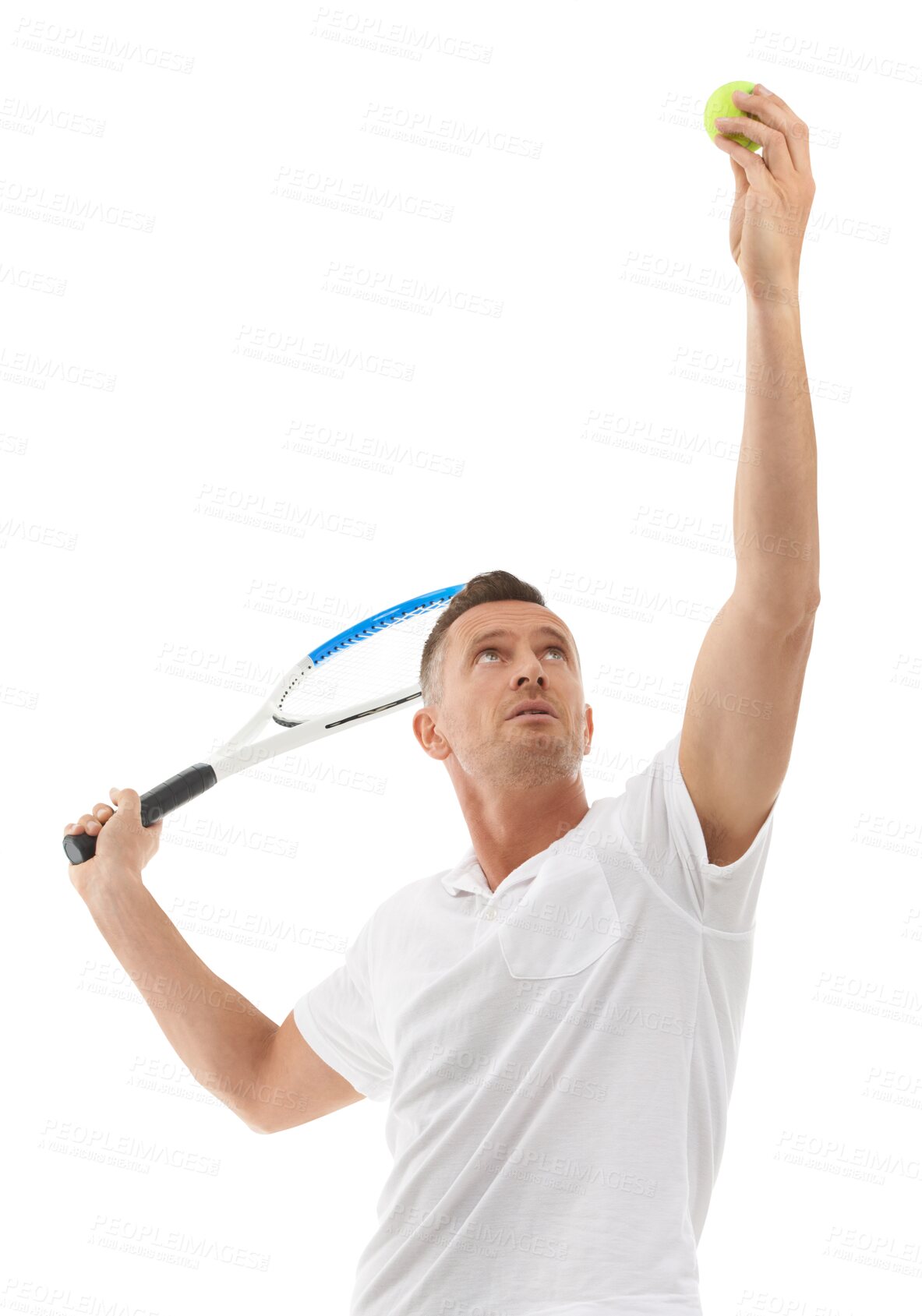 Buy stock photo Man, throw tennis ball and serve with racket for start to game, match or training by transparent png background. Isolated guy, professional sport or focus for fitness, motivation and power at contest