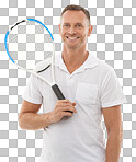 Tennis sports, portrait and man for exercise. Training, athlete and happy mature male with racket ready to start workout for health, fitness and wellness isolated on a png background