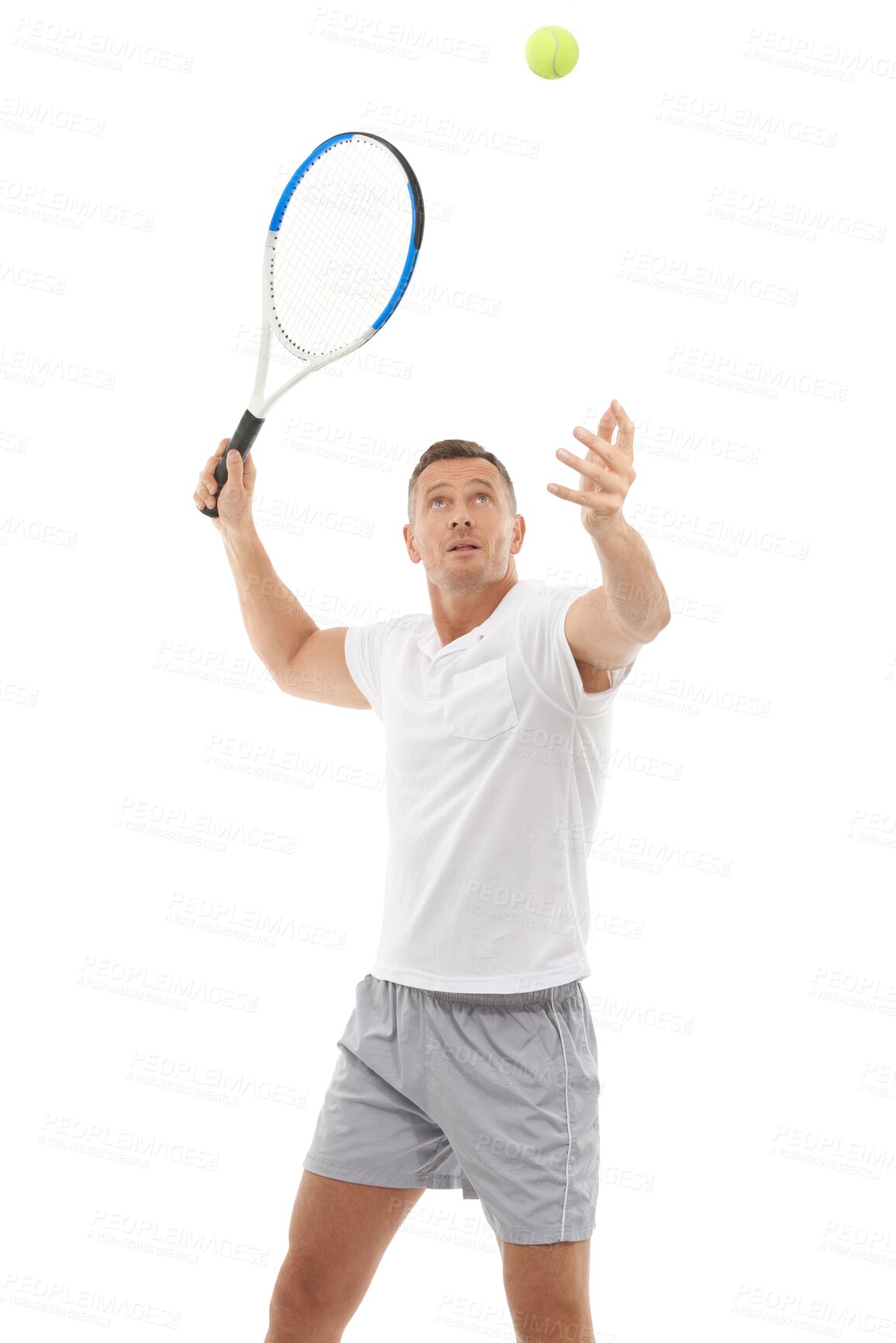 Buy stock photo Tennis player, man and hitting a ball while training isolated on a transparent png background. Athlete, sports focus and exercise as a hobby for health, person serve for a match and professional game