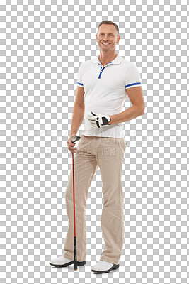 Buy stock photo Man, smile and portrait with golf athlete, club and sports isolated on transparent png background. Fitness, mature player and game training with happiness, excited and professional sport for exercise