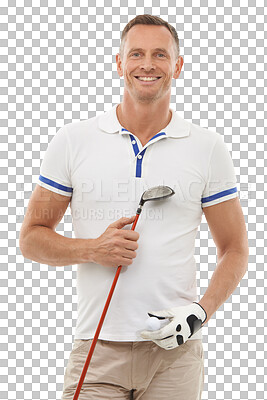 Buy stock photo Golf, sports and portrait and man with club on isolated, png and transparent background ready for game. Hobby, golfing and senior male golfer carry ball and driver for workout, exercise and fitness