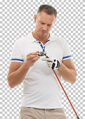 Buy stock photo Golf, sports and man with golfing club on isolated, png or transparent background ready for game. Hobby, competition or mature male golfer check driver for workout, exercise and training competition