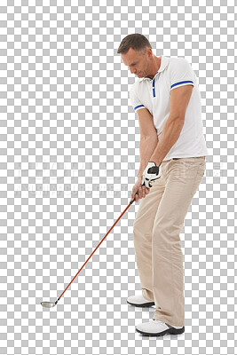 Buy stock photo Golf, sports and man swing club on isolated, png and transparent background ready for game. Hobby, golfing and senior male golfer with ball and driver for workout, exercise and fitness in competition