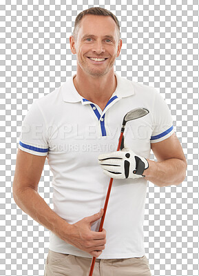 Buy stock photo Golf, smile and portrait of man with club on isolated, png and transparent background ready for game. Happy, competition and happy male golfer with golfing driver for workout, exercise and fitness