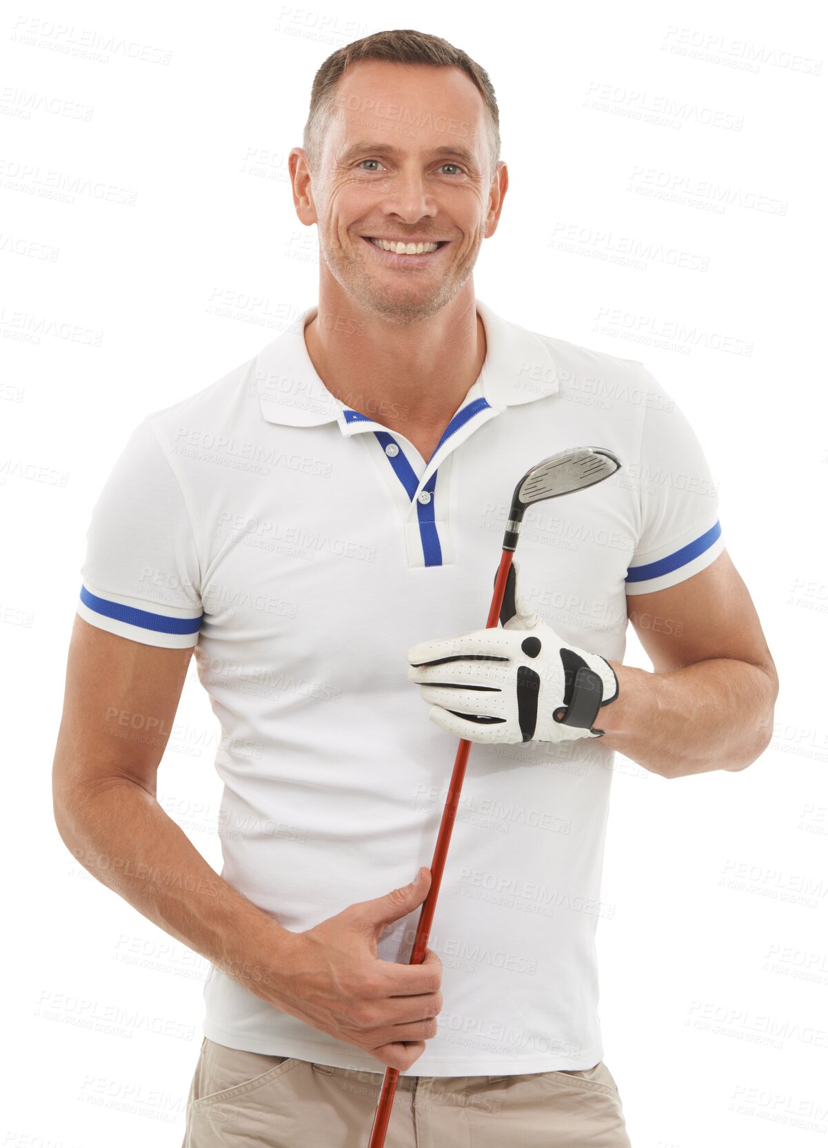 Buy stock photo Golf, smile and portrait of man with club on isolated, png and transparent background ready for game. Happy, competition and happy male golfer with golfing driver for workout, exercise and fitness