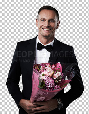 Buy stock photo Portrait, man and bouquet of flowers, suit and happiness for valentines day and romance. Romantic, event and mature person with floral gift and gesture of love isolated on transparent png background