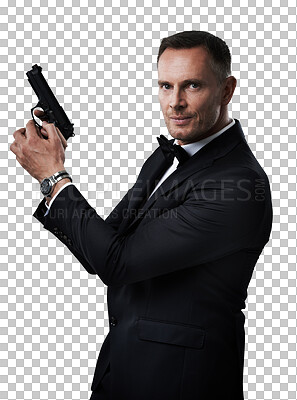 Buy stock photo Professional man, portrait and gun isolated on transparent, png background, secret service agent or security business. Investigation, crime and detective person or actor in suit, firearm and mission